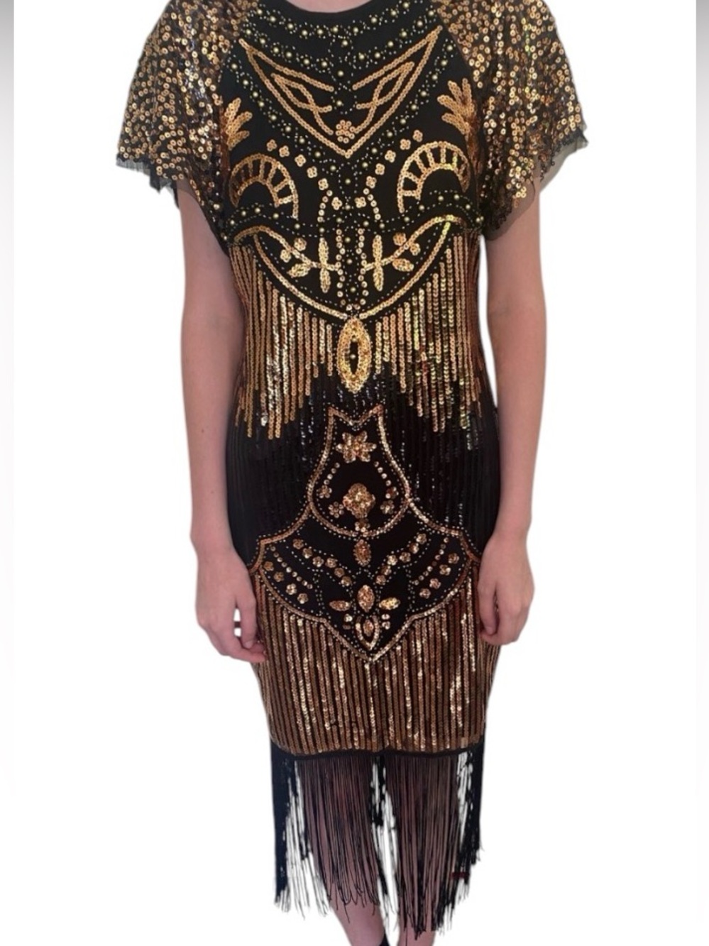 Size Small 1920s Flapper Black & Gold Sequin Fringe Midi Dress party Halloween - Picture 1 of 14